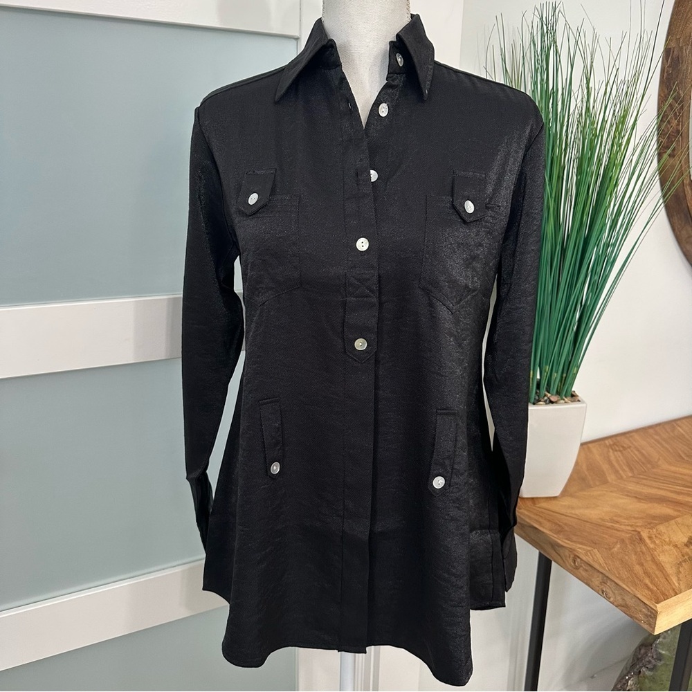 Farinaz Taghavi Adventure Tunic Blouse SZ 4 Black Roll Tab Sleeves Shiny NWT